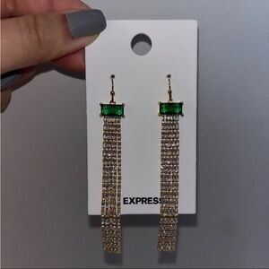 Gold Express Emerald Diamond Rhinestone Baguette Fringe Drop Earrings